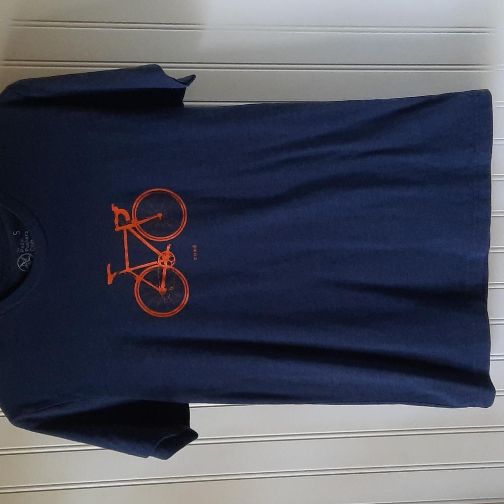 The Pedal Pushers Club Tee Shirt. Navy and Orange. Small.